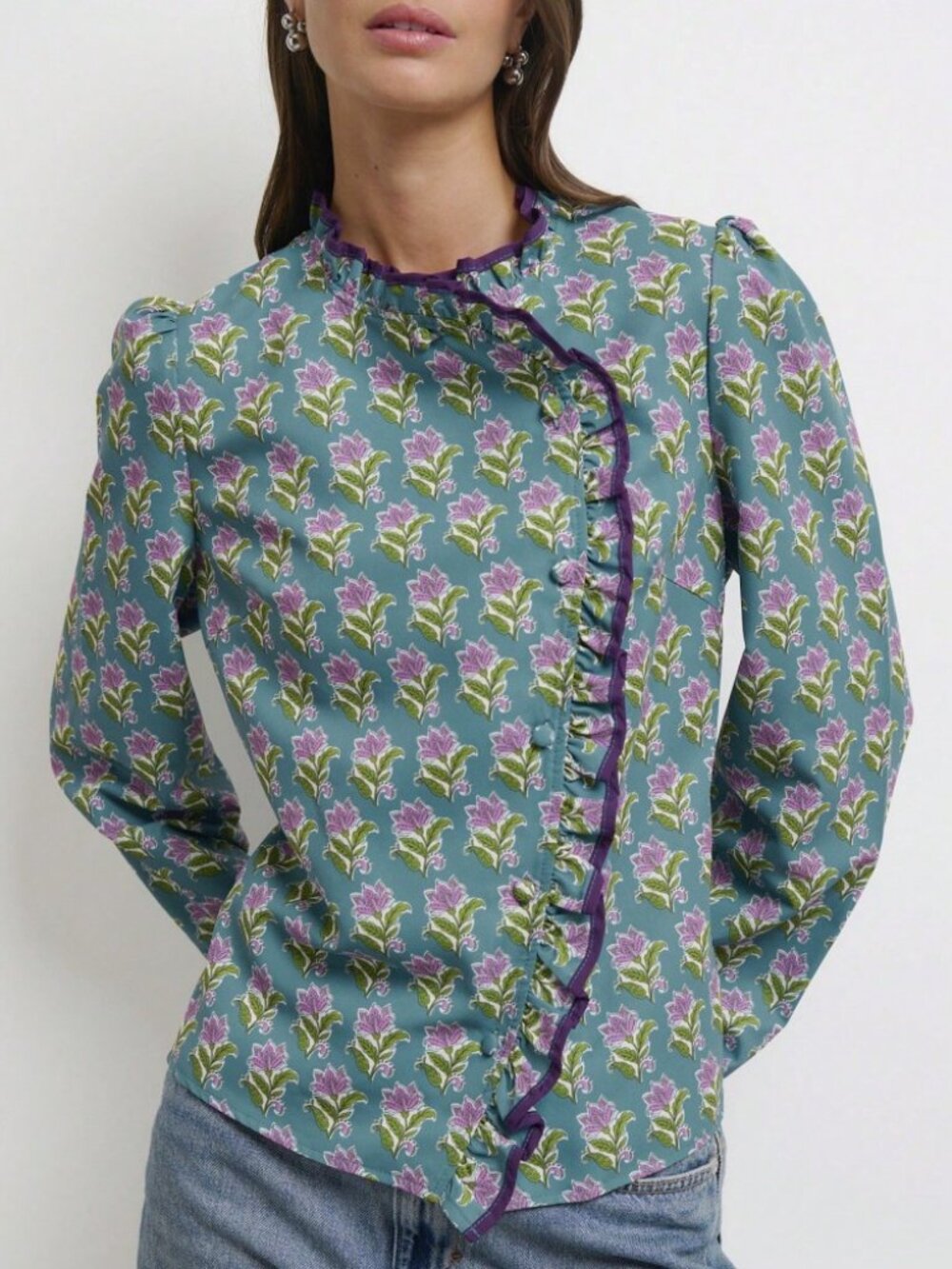 Teal Floral Print Blouse with Purple Ruffle Trim Placket
